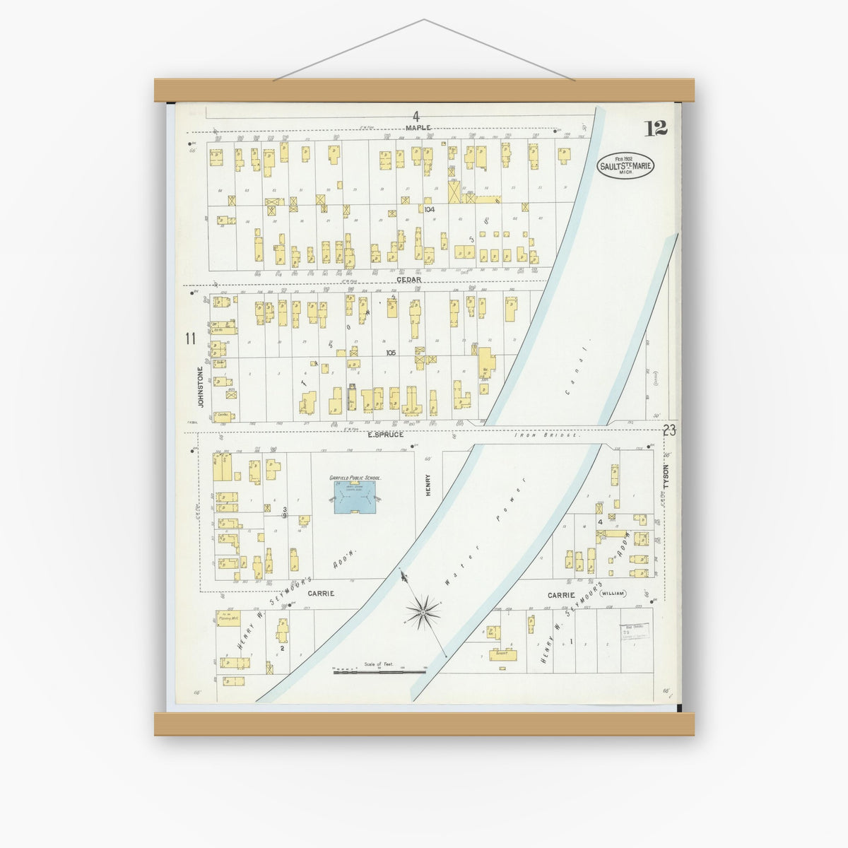 Old map wall art mockup — magnetic wood frame on white wall — Sanborn Fire Insurance Map from Sault Sainte Marie, Chippewa County, Michigan (1902), Sheet #0012