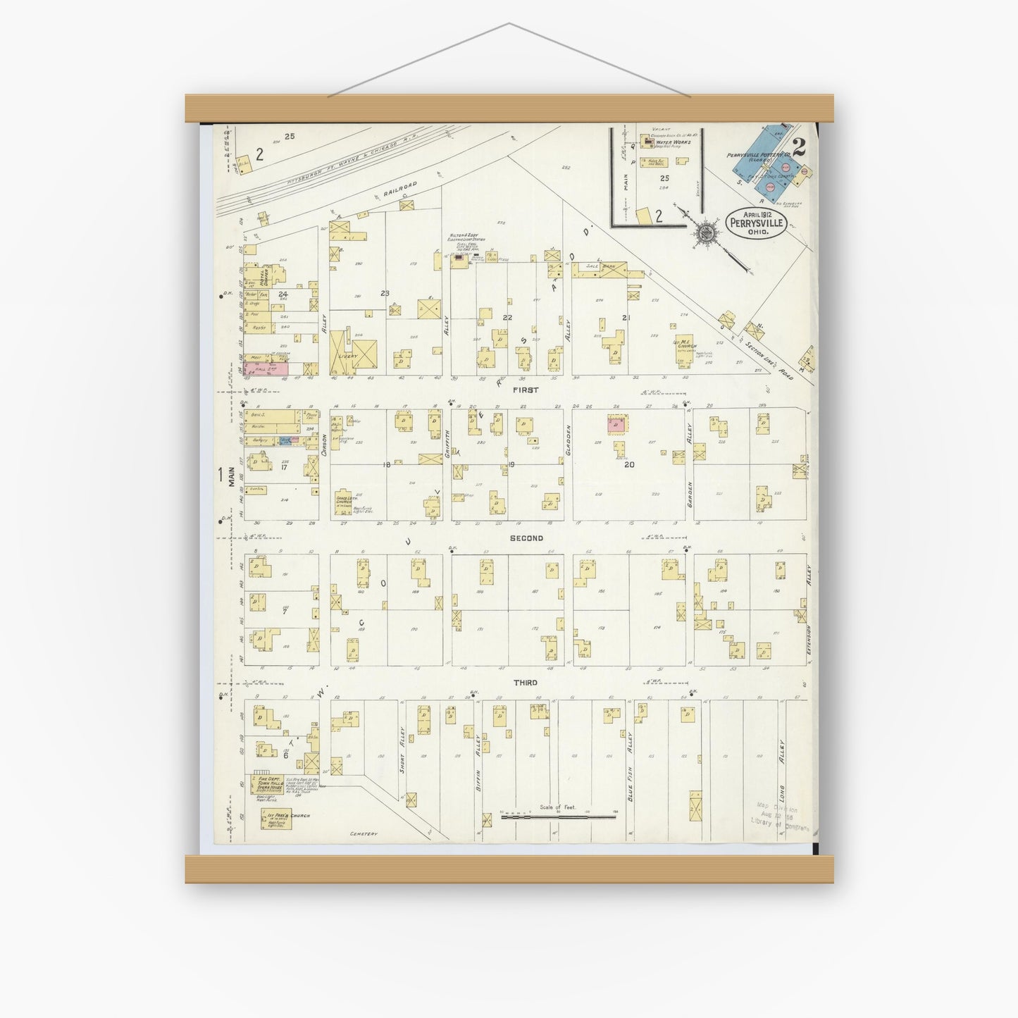 Old map wall art mockup — magnetic wood frame on white wall — Sanborn Fire Insurance Map from Perrysville, Ashland County, Ohio (1912), Sheet #0002