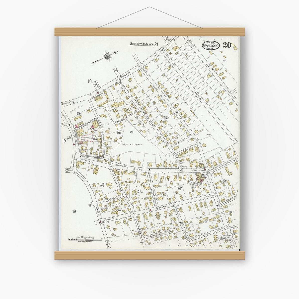 Old map wall art mockup — magnetic wood frame on white wall — Sanborn Fire Insurance Map from Marlborough, Middlesex County, Massachusetts (1920), Sheet #0020