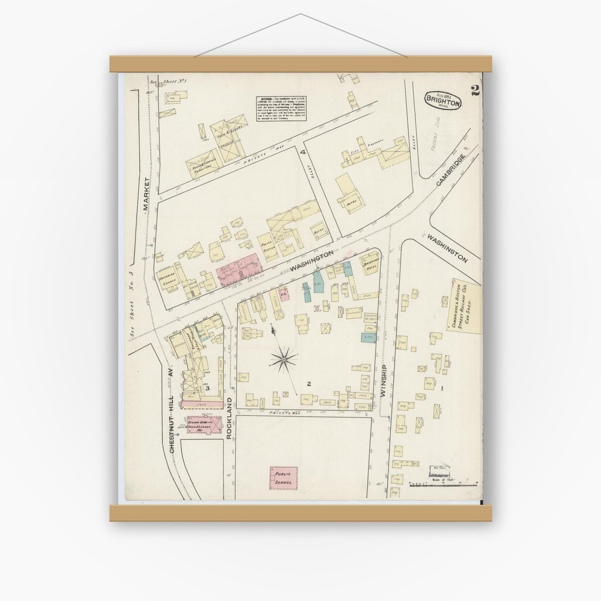 Old map wall art mockup — magnetic wood frame on white wall — Sanborn Fire Insurance Map from Brighton, Suffolk County, Massachusetts (1884), Sheet #0002