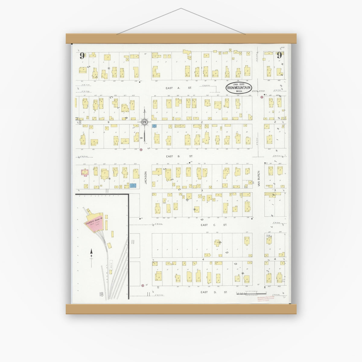 Old map wall art mockup — magnetic wood frame on white wall — Sanborn Fire Insurance Map from Iron Mountain, Dickinson County, Michigan (1930), Sheet #0009