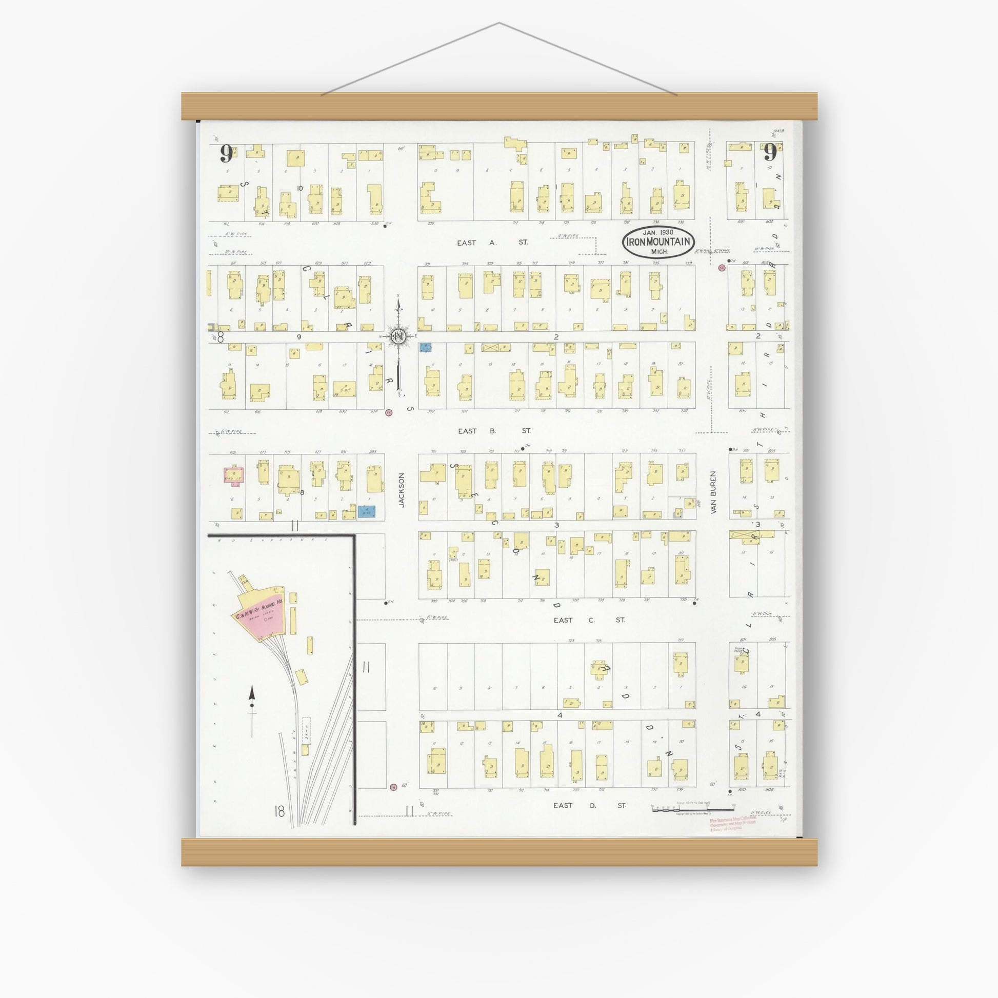Old map wall art mockup — magnetic wood frame on white wall — Sanborn Fire Insurance Map from Iron Mountain, Dickinson County, Michigan (1930), Sheet #0009