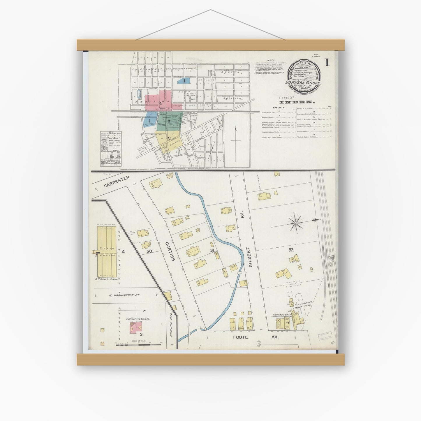 Old map wall art mockup — magnetic wood frame on white wall — Sanborn Fire Insurance Map from Downers Grove, Dupage County, Illinois (1892), Sheet #0001
