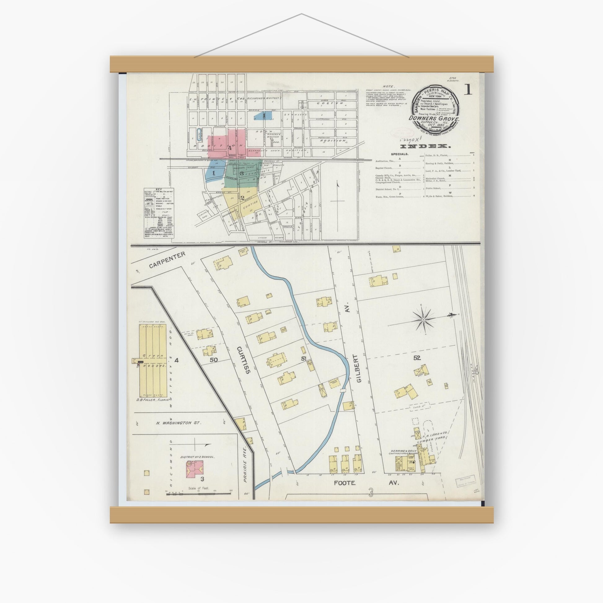 Old map wall art mockup — magnetic wood frame on white wall — Sanborn Fire Insurance Map from Downers Grove, Dupage County, Illinois (1892), Sheet #0001