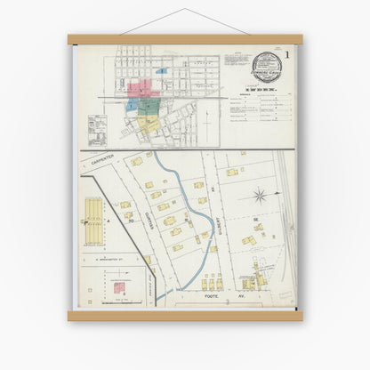 Old map wall art mockup — magnetic wood frame on white wall — Sanborn Fire Insurance Map from Downers Grove, Dupage County, Illinois (1892), Sheet #0001