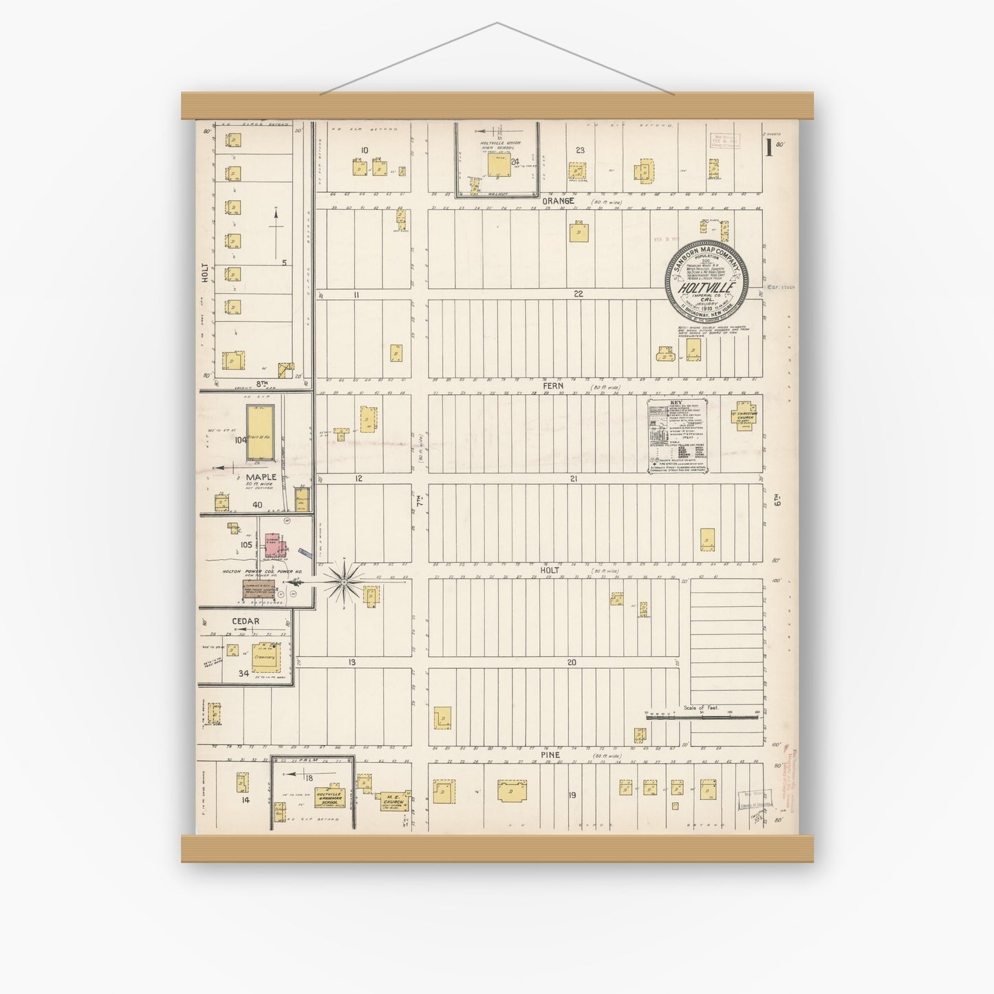 Old map wall art mockup — magnetic wood frame on white wall — Sanborn Fire Insurance Map from Holtville, Imperial County, California (1910) - Complete Map Set