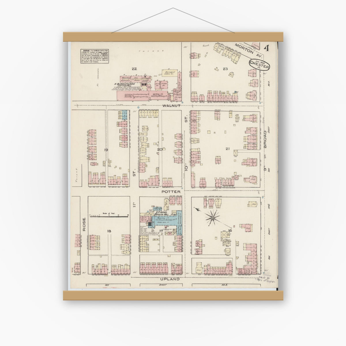Old map wall art mockup — magnetic wood frame on white wall — Sanborn Fire Insurance Map from Chester, Delaware County, Pennsylvania (1885), Sheet #0004