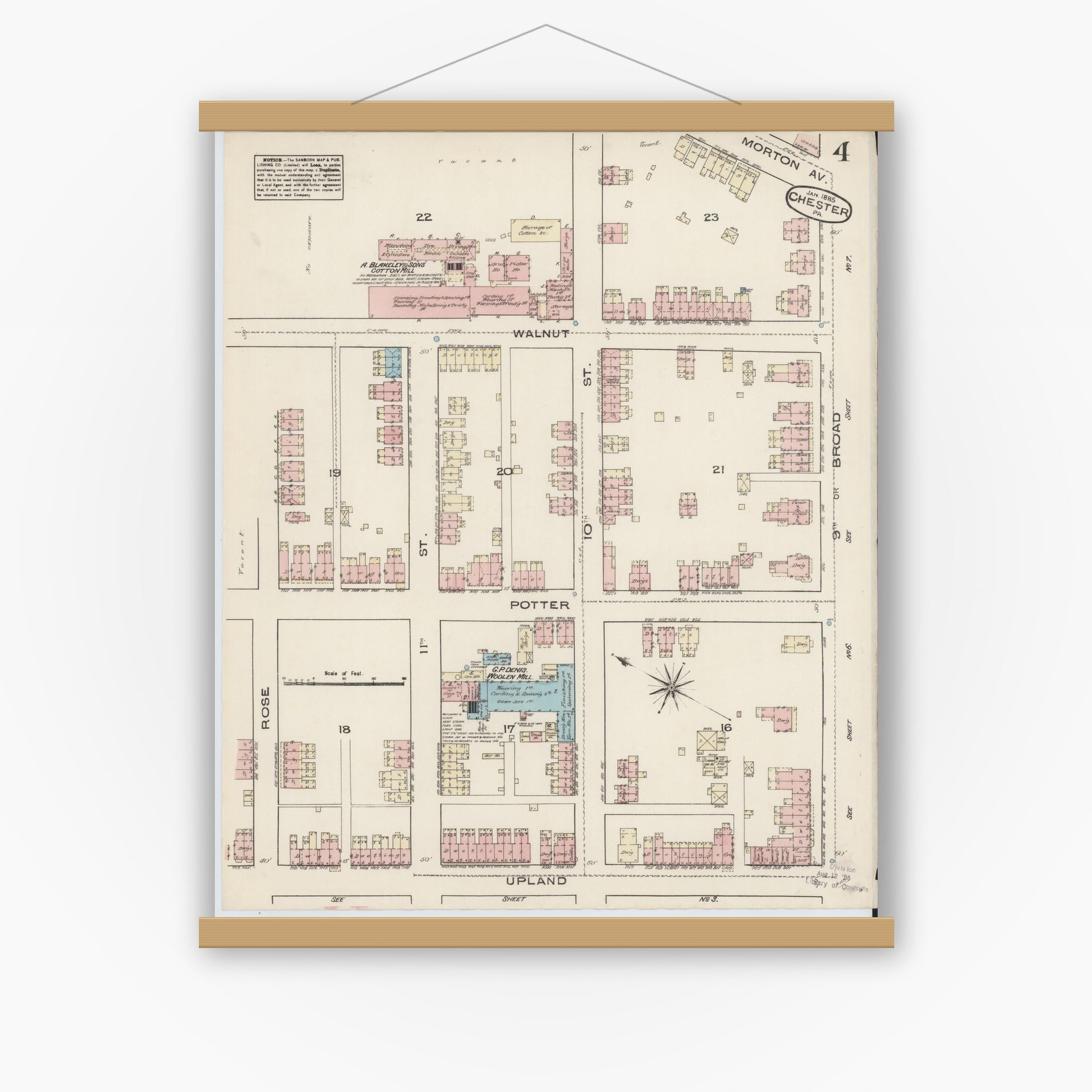 Old map wall art mockup — magnetic wood frame on white wall — Sanborn Fire Insurance Map from Chester, Delaware County, Pennsylvania (1885), Sheet #0004