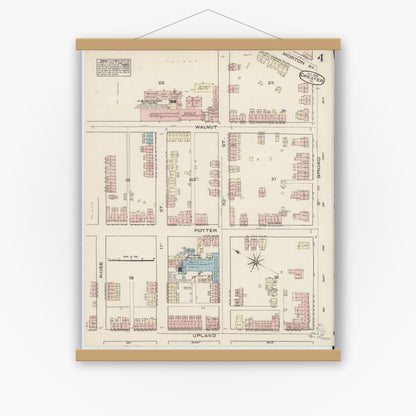 Old map wall art mockup — magnetic wood frame on white wall — Sanborn Fire Insurance Map from Chester, Delaware County, Pennsylvania (1885), Sheet #0004