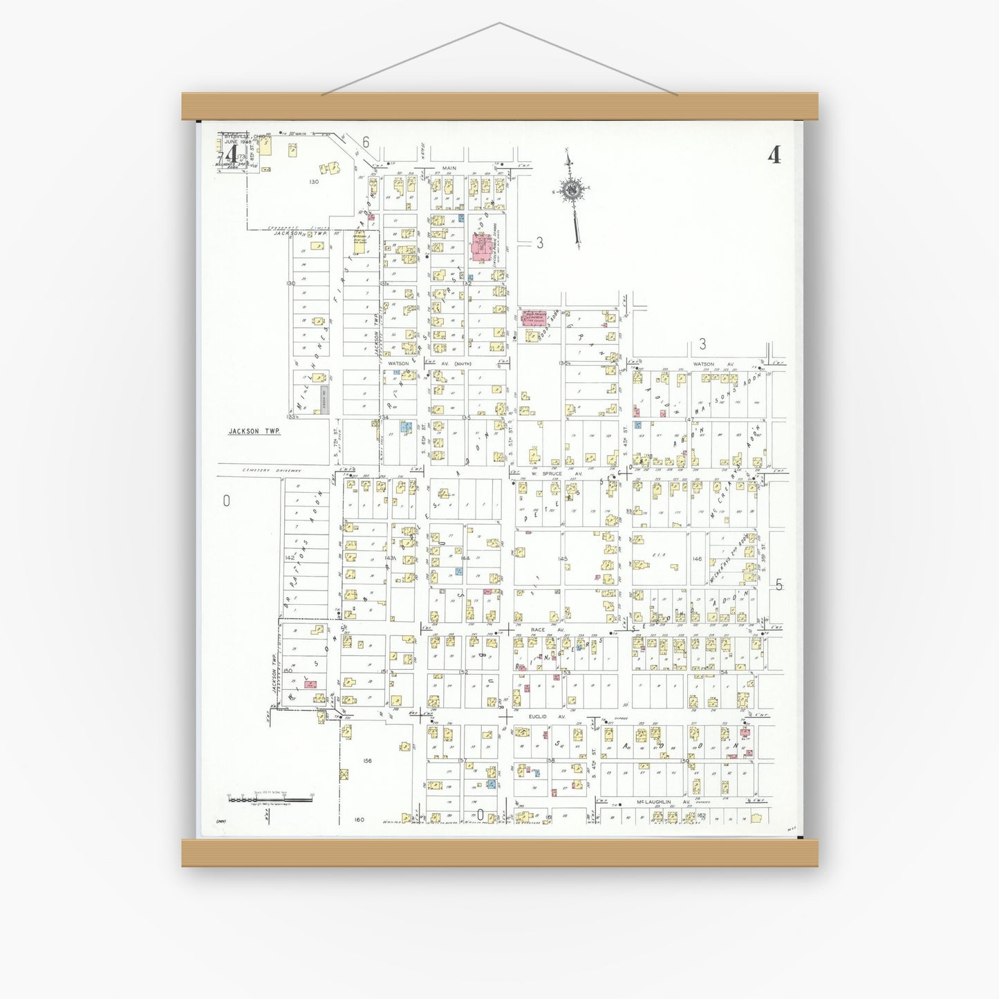 Old map wall art mockup — magnetic wood frame on white wall — Sanborn Fire Insurance Map from Byesville, Guernsey County, Ohio (1948), Sheet #0004