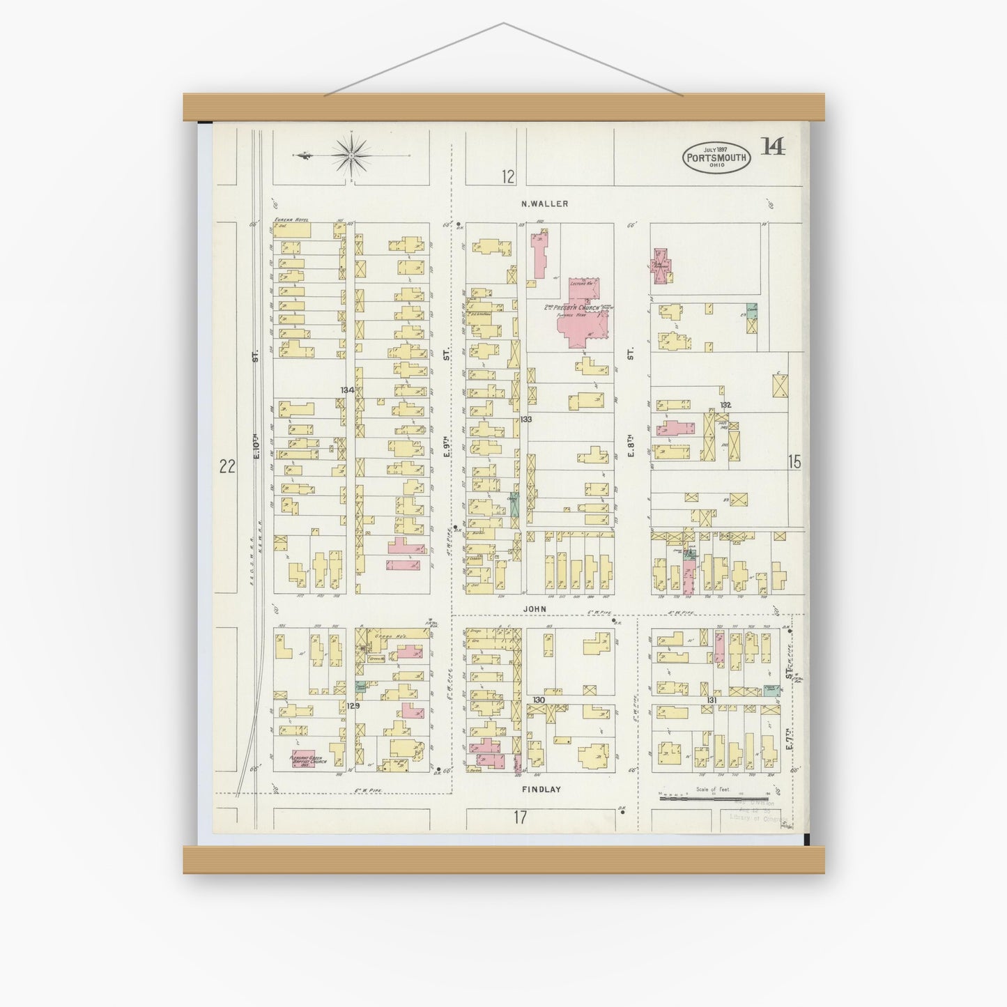 Old map wall art mockup — magnetic wood frame on white wall — Sanborn Fire Insurance Map from Portsmouth, Scioto County, Ohio (1897), Sheet #0014