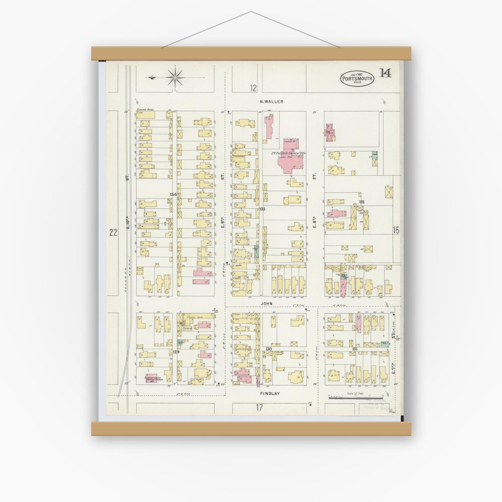 Old map wall art mockup — magnetic wood frame on white wall — Sanborn Fire Insurance Map from Portsmouth, Scioto County, Ohio (1897), Sheet #0014