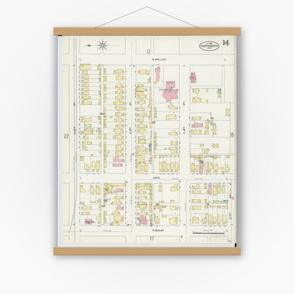 Old map wall art mockup — magnetic wood frame on white wall — Sanborn Fire Insurance Map from Portsmouth, Scioto County, Ohio (1897), Sheet #0014
