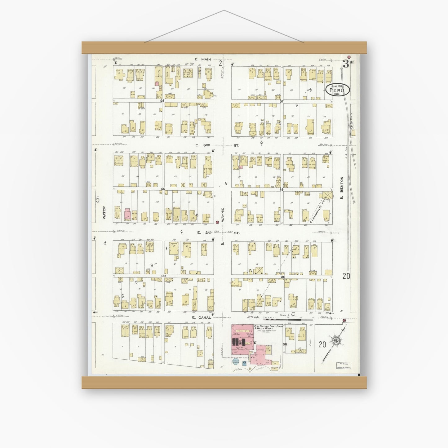 Old map wall art mockup — magnetic wood frame on white wall — Sanborn Fire Insurance Map from Peru, Miami County, Indiana (1912), Sheet #0003