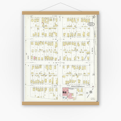 Old map wall art mockup — magnetic wood frame on white wall — Sanborn Fire Insurance Map from Peru, Miami County, Indiana (1912), Sheet #0003