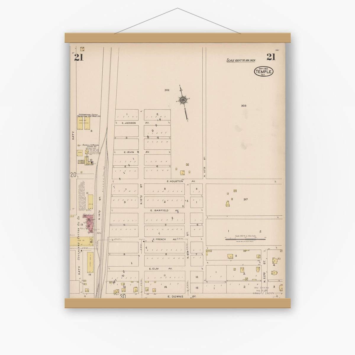 Old map wall art mockup — magnetic wood frame on white wall — Sanborn Fire Insurance Map from Temple, Bell County, Texas (1922), Sheet #0021