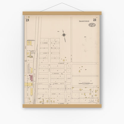 Old map wall art mockup — magnetic wood frame on white wall — Sanborn Fire Insurance Map from Temple, Bell County, Texas (1922), Sheet #0021