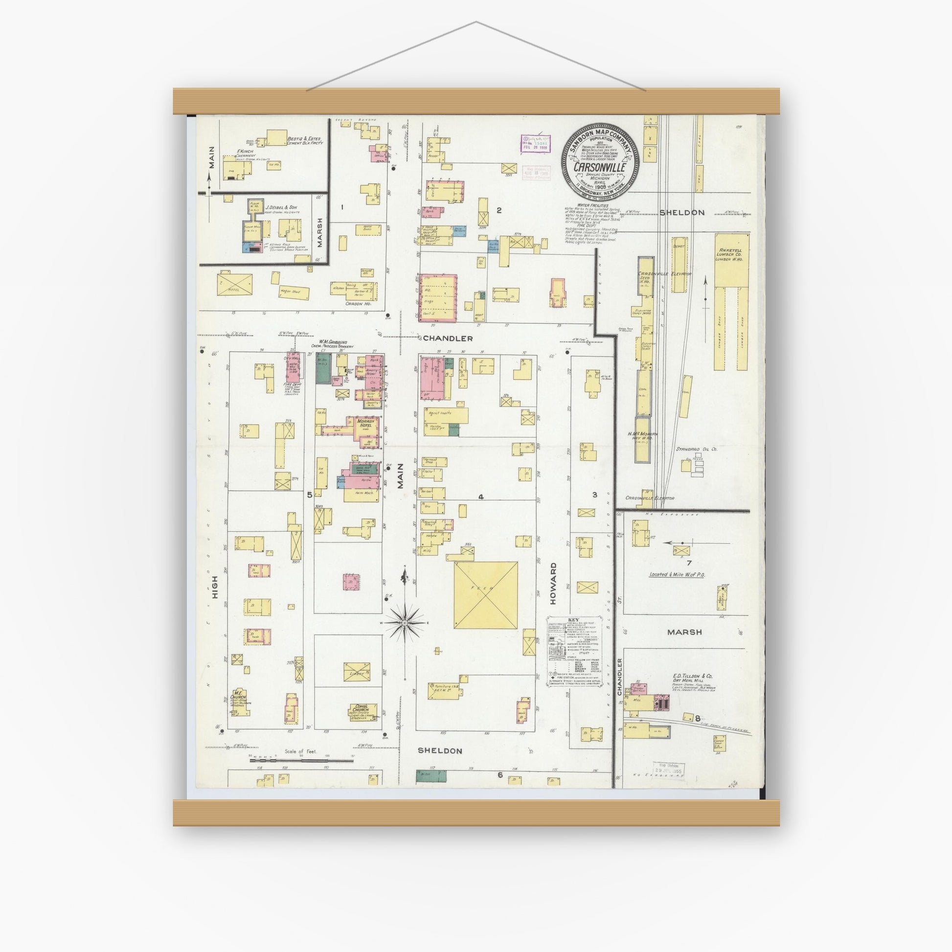 Old map wall art mockup — magnetic wood frame on white wall — Sanborn Fire Insurance Map from Carsonville, Sanilac County, Michigan (1909), Sheet #0001