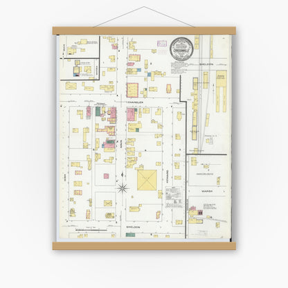 Old map wall art mockup — magnetic wood frame on white wall — Sanborn Fire Insurance Map from Carsonville, Sanilac County, Michigan (1909), Sheet #0001