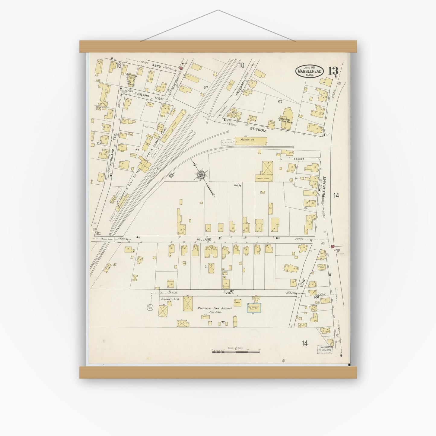 Old map wall art mockup — magnetic wood frame on white wall — Sanborn Fire Insurance Map from Marblehead, Essex County, Massachusetts (1915), Sheet #0013