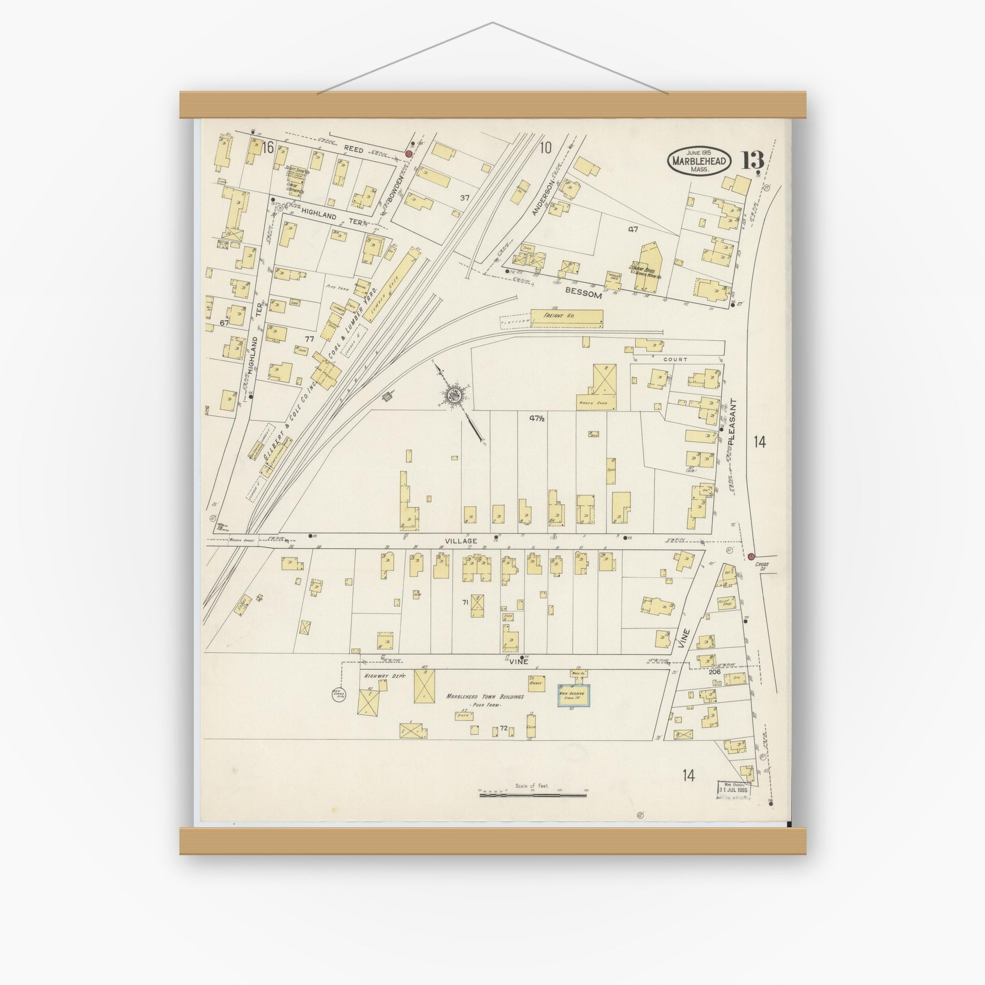 Old map wall art mockup — magnetic wood frame on white wall — Sanborn Fire Insurance Map from Marblehead, Essex County, Massachusetts (1915), Sheet #0013