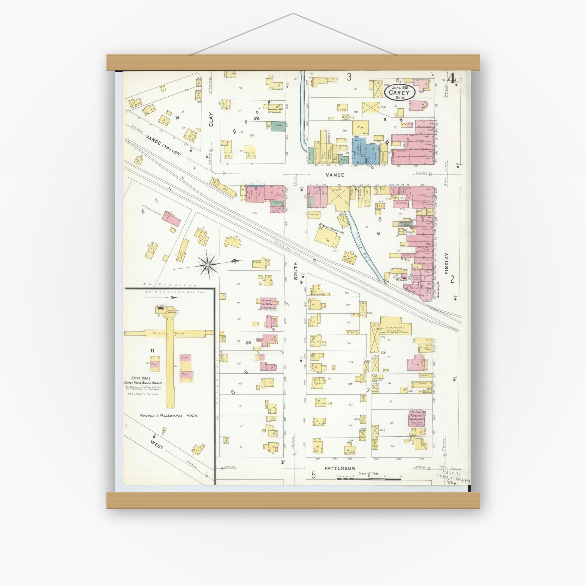 Old map wall art mockup — magnetic wood frame on white wall — Sanborn Fire Insurance Map from Carey, Wyandot County, Ohio (1908), Sheet #0004