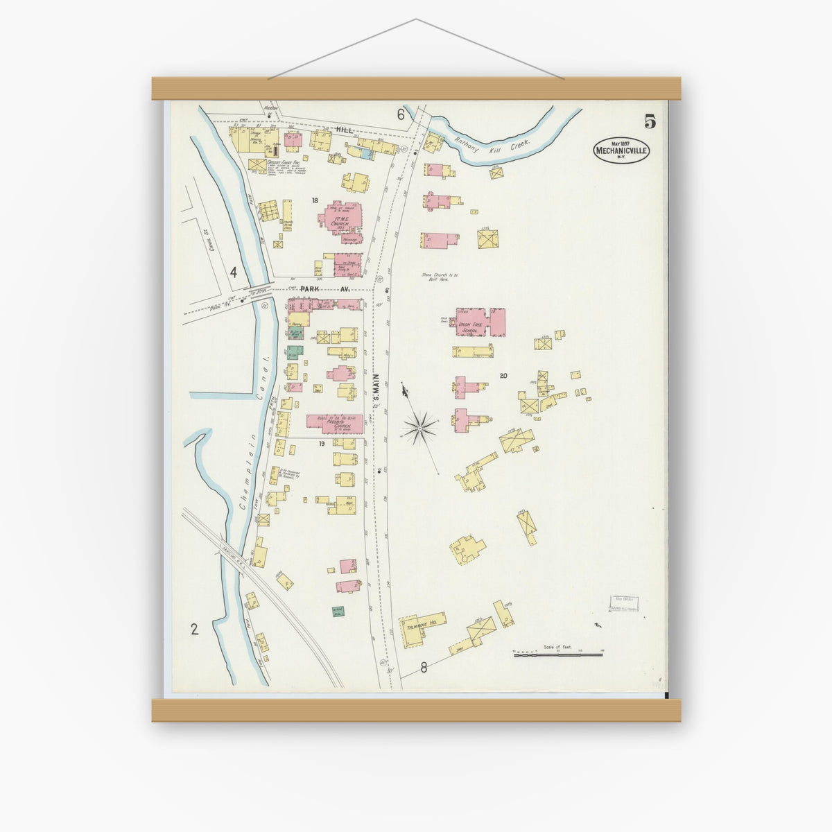Old map wall art mockup — magnetic wood frame on white wall — Sanborn Fire Insurance Map from Mechanicville, Saratoga County, New York (1897), Sheet #0005
