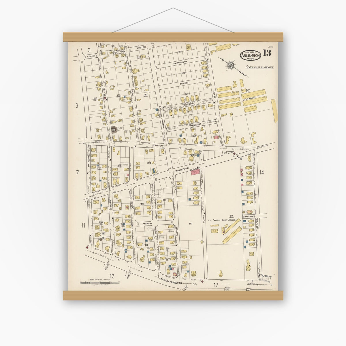 Old map wall art mockup — magnetic wood frame on white wall — Sanborn Fire Insurance Map from Arlington, Middlesex County, Massachusetts (1922), Sheet #0013