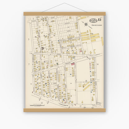 Old map wall art mockup — magnetic wood frame on white wall — Sanborn Fire Insurance Map from Arlington, Middlesex County, Massachusetts (1922), Sheet #0013
