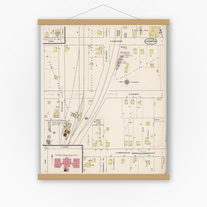 Old map wall art mockup — magnetic wood frame on white wall — Sanborn Fire Insurance Map from Lovington, Moultrie County, Illinois (1922), Sheet #0005