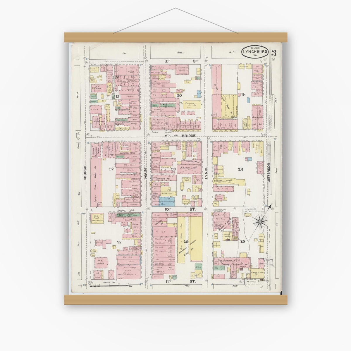 Old map wall art mockup — magnetic wood frame on white wall — Sanborn Fire Insurance Map from Lynchburg, Independent Cities, Virginia (1890), Sheet #0003