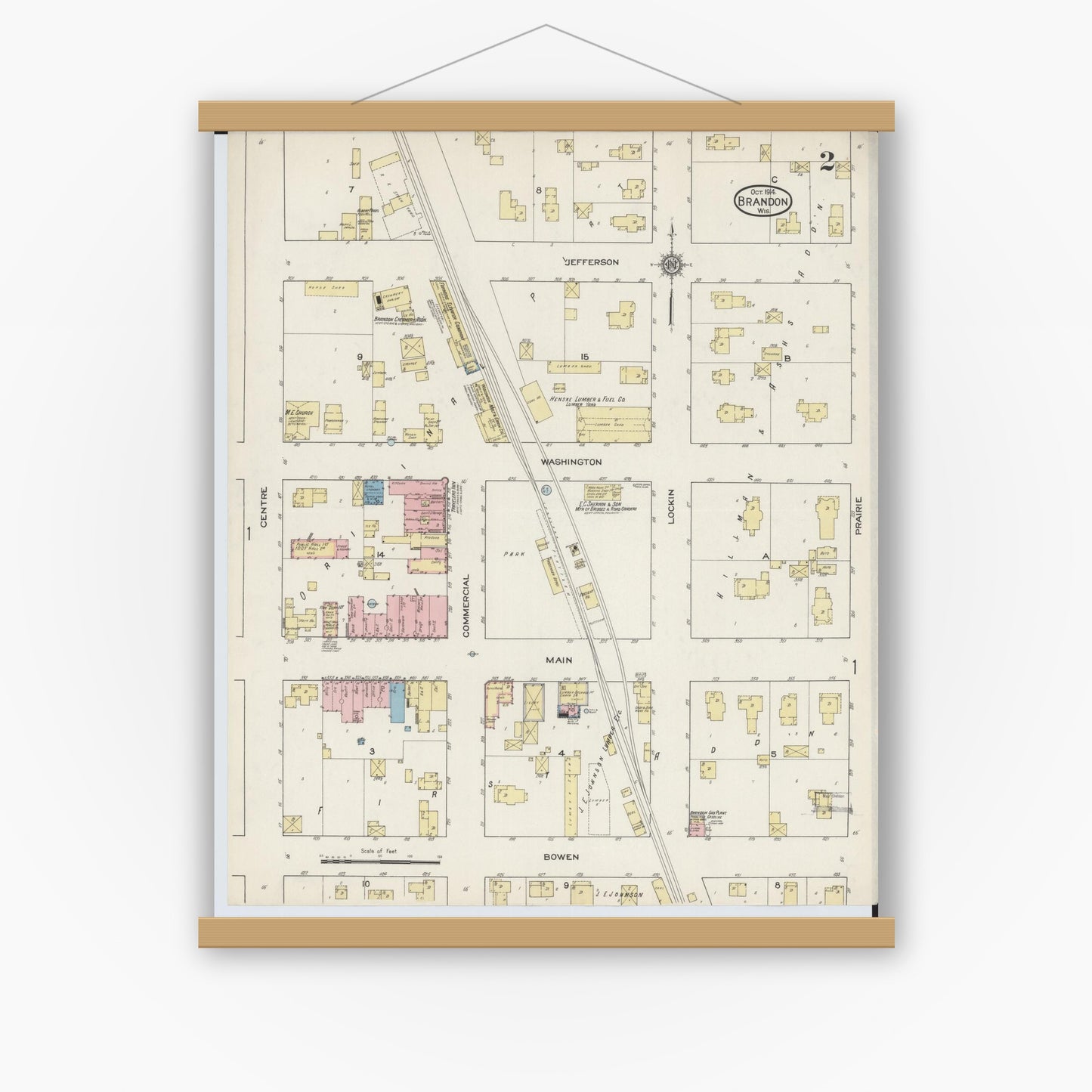Old map wall art mockup — magnetic wood frame on white wall — Sanborn Fire Insurance Map from Brandon, Fond du Lac County, Wisconsin (1914), Sheet #0002