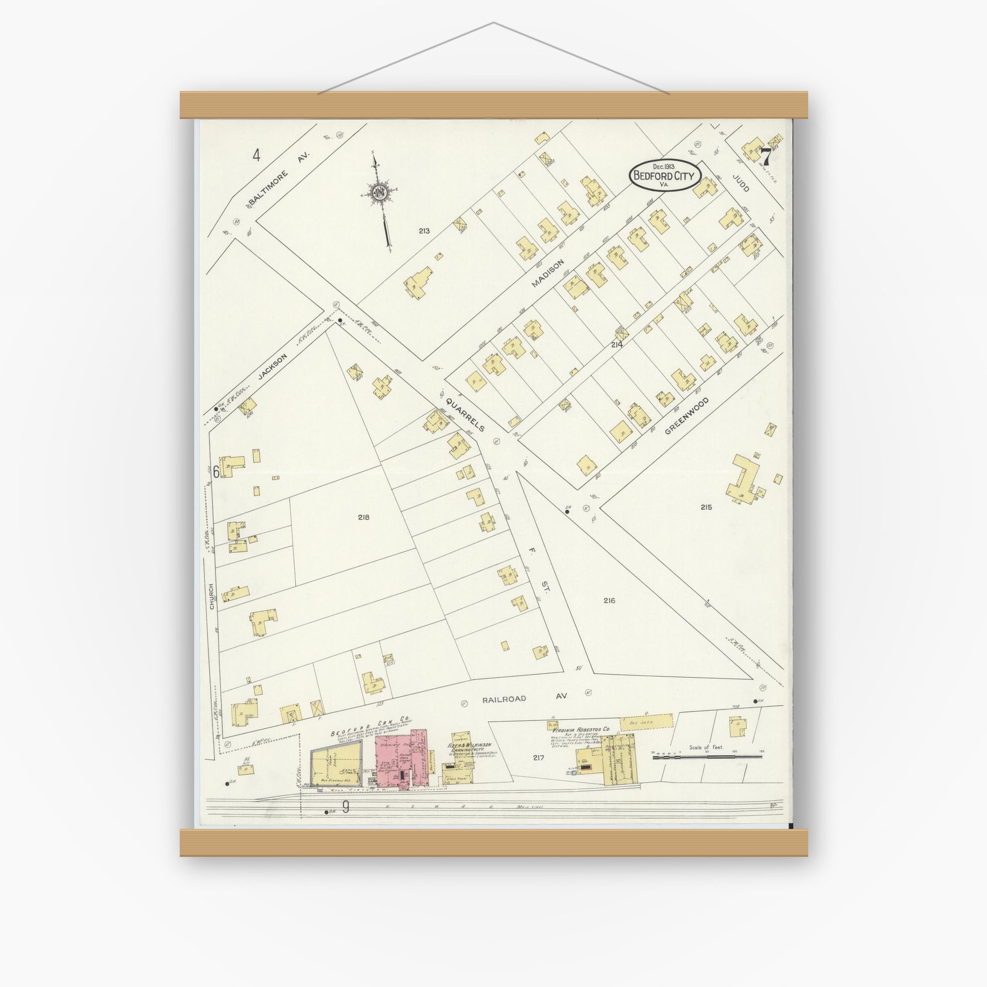 Old map wall art mockup — magnetic wood frame on white wall — Sanborn Fire Insurance Map from Bedford, Independent Cities, Virginia (1913), Sheet #0007