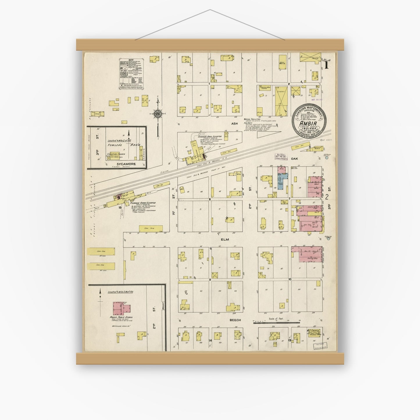 Old map wall art mockup — magnetic wood frame on white wall — Sanborn Fire Insurance Map from Ambia, Benton County, Indiana (1910), Sheet #0001