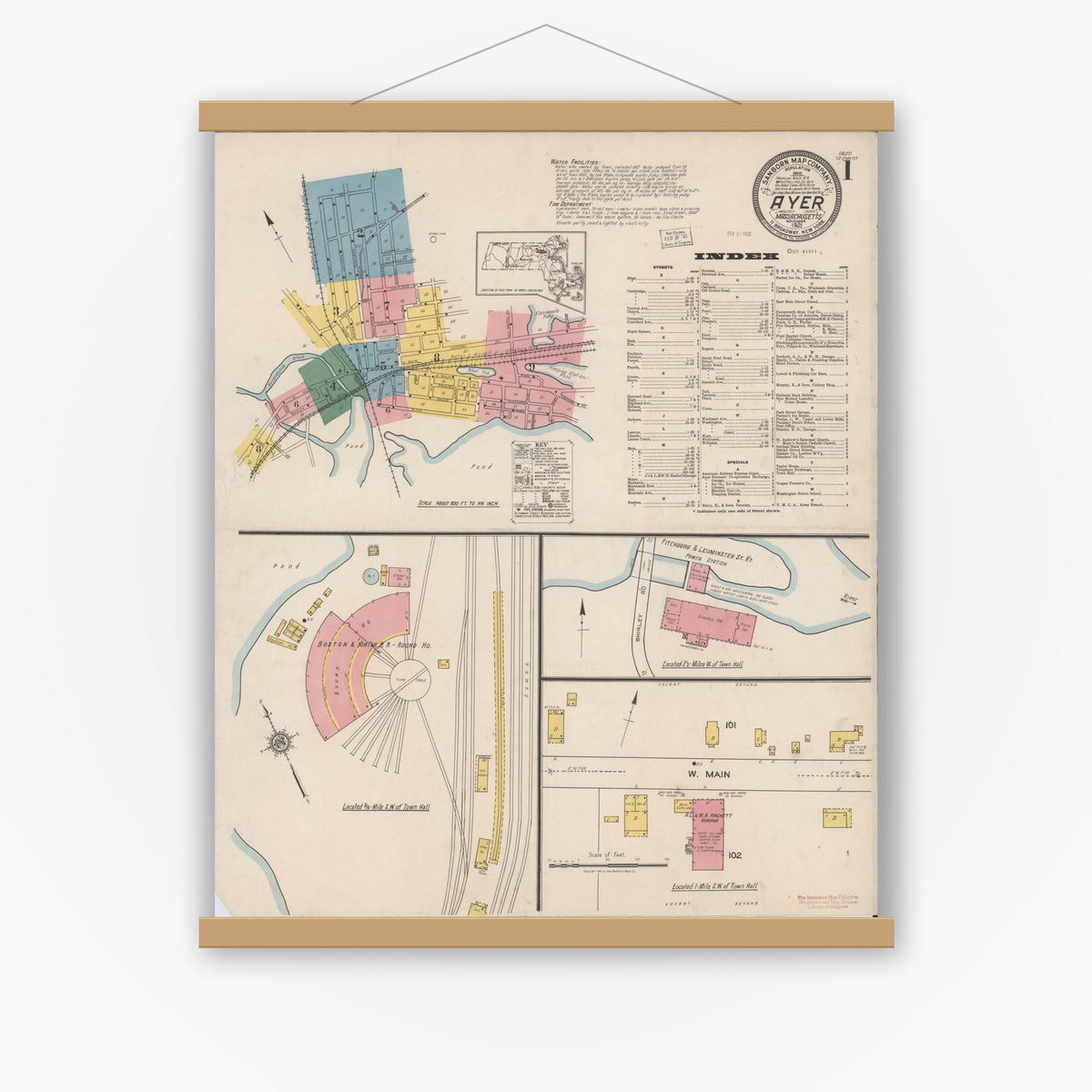 Old map wall art mockup — magnetic wood frame on white wall — Sanborn Fire Insurance Map from Ayer, Middlesex County, Massachusetts (1921) - Complete Map Set