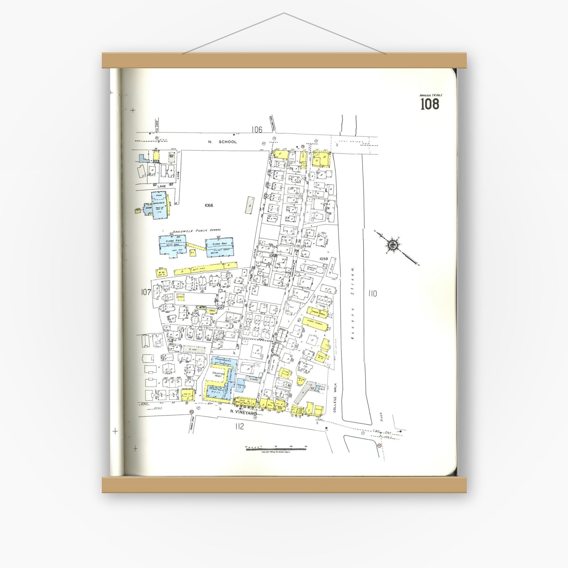 Old map wall art mockup — magnetic wood frame on white wall — Sanborn Fire Insurance Map from Honolulu, Oahu County, Hawaii (1955), Sheet #0108