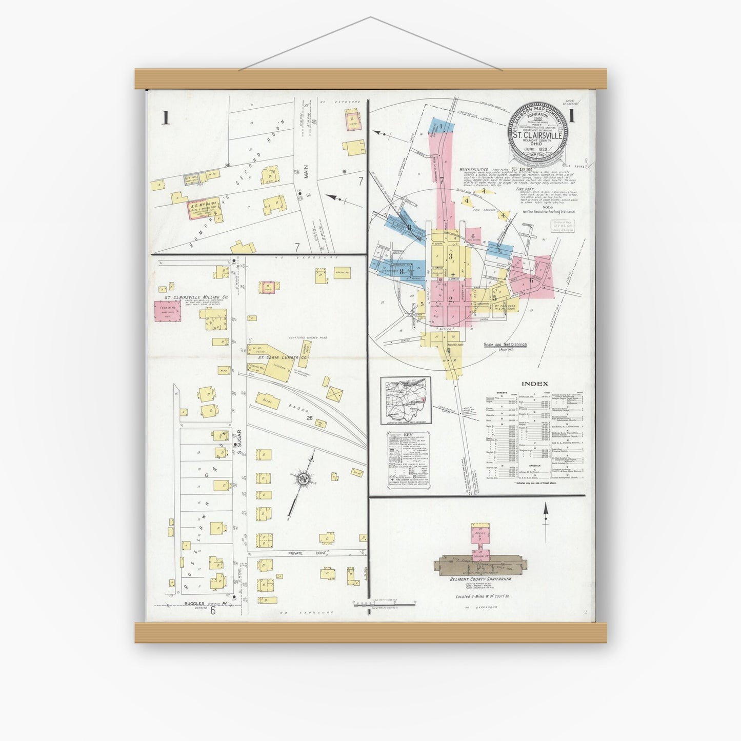 Old map wall art mockup — magnetic wood frame on white wall — Sanborn Fire Insurance Map from Saint Clairsville, Belmont County, Ohio (1929) - Complete Map Set