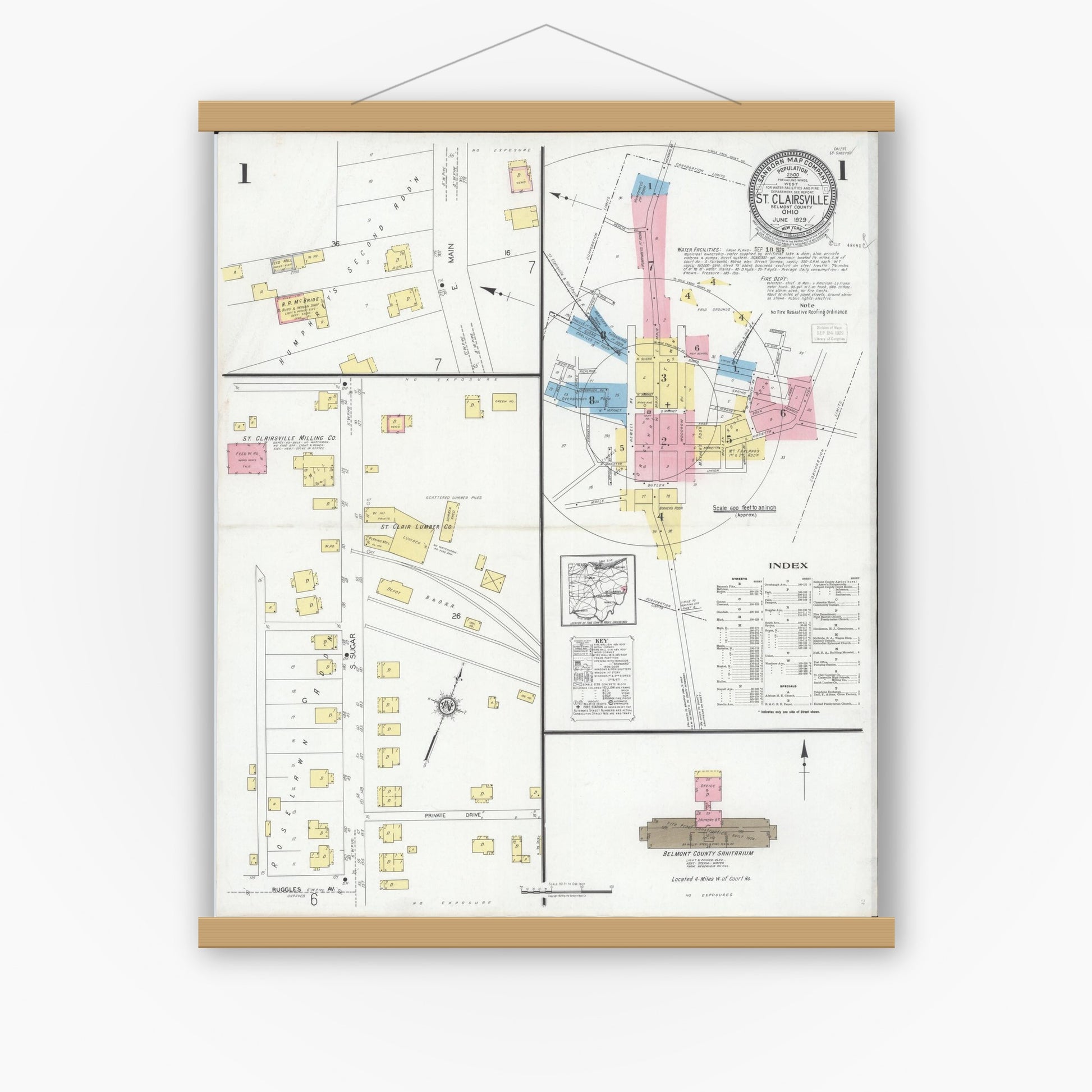 Old map wall art mockup — magnetic wood frame on white wall — Sanborn Fire Insurance Map from Saint Clairsville, Belmont County, Ohio (1929) - Complete Map Set