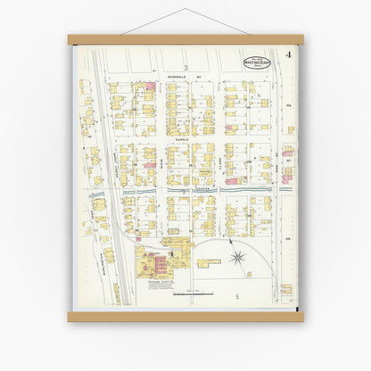 Old map wall art mockup — magnetic wood frame on white wall — Sanborn Fire Insurance Map from Martins Ferry, Belmont County, Ohio (1908), Sheet #0004