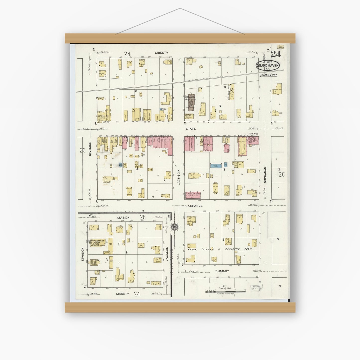 Old map wall art mockup — magnetic wood frame on white wall — Sanborn Fire Insurance Map from Grand Haven, Ottawa County, Michigan (1920), Sheet #0024