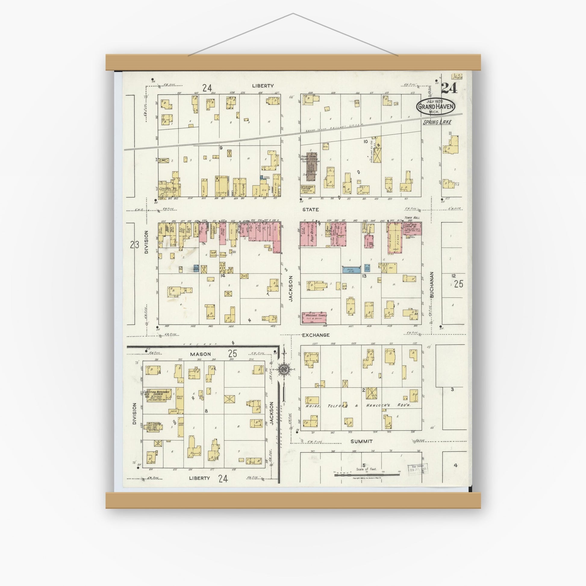 Old map wall art mockup — magnetic wood frame on white wall — Sanborn Fire Insurance Map from Grand Haven, Ottawa County, Michigan (1920), Sheet #0024