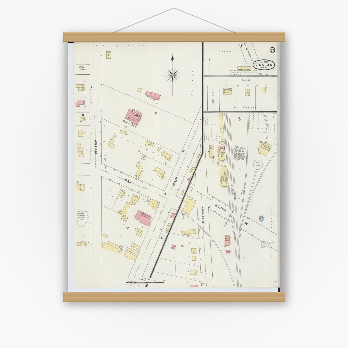 Old map wall art mockup — magnetic wood frame on white wall — Sanborn Fire Insurance Map from Vassar, Tuscola County, Michigan (1895), Sheet #0005