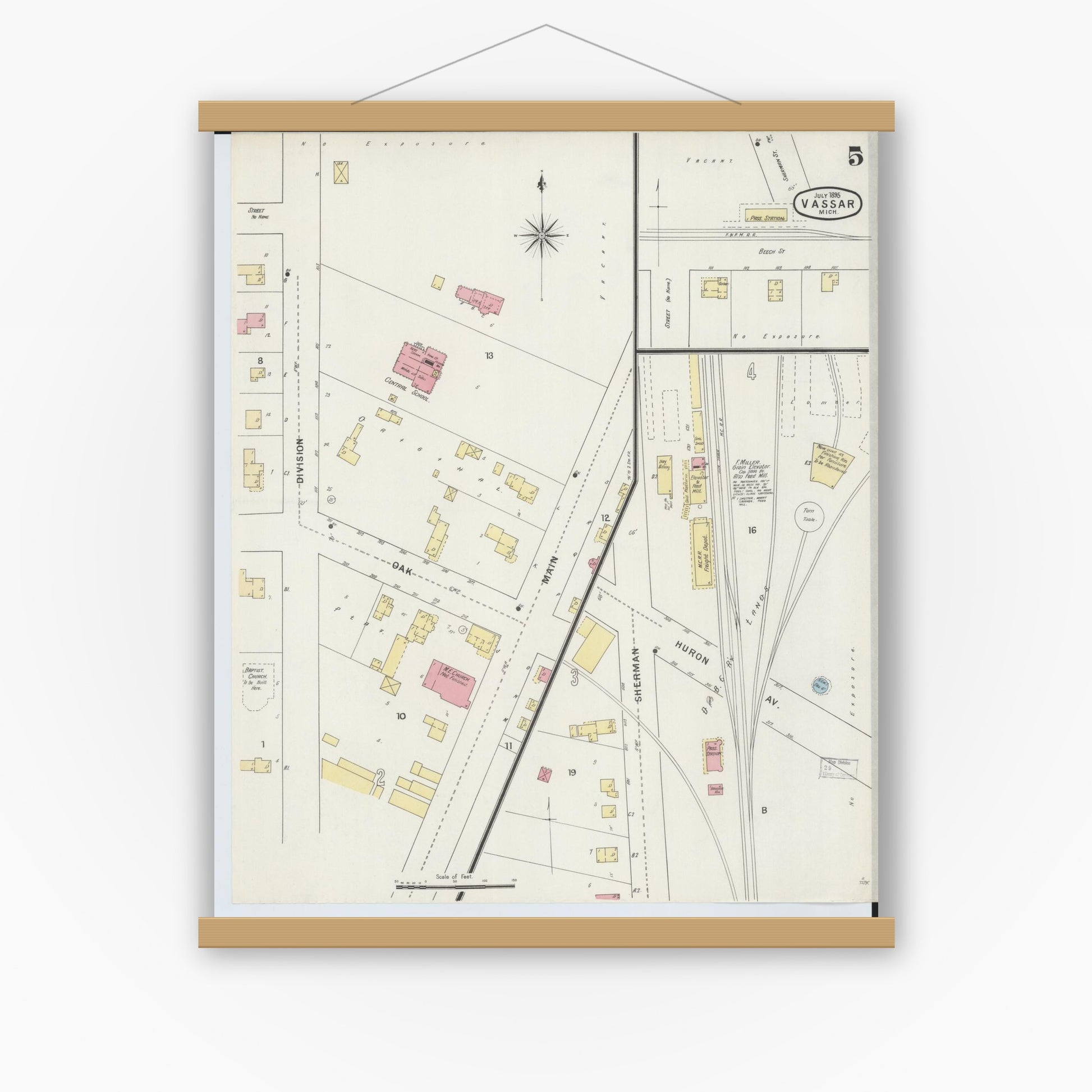 Old map wall art mockup — magnetic wood frame on white wall — Sanborn Fire Insurance Map from Vassar, Tuscola County, Michigan (1895), Sheet #0005