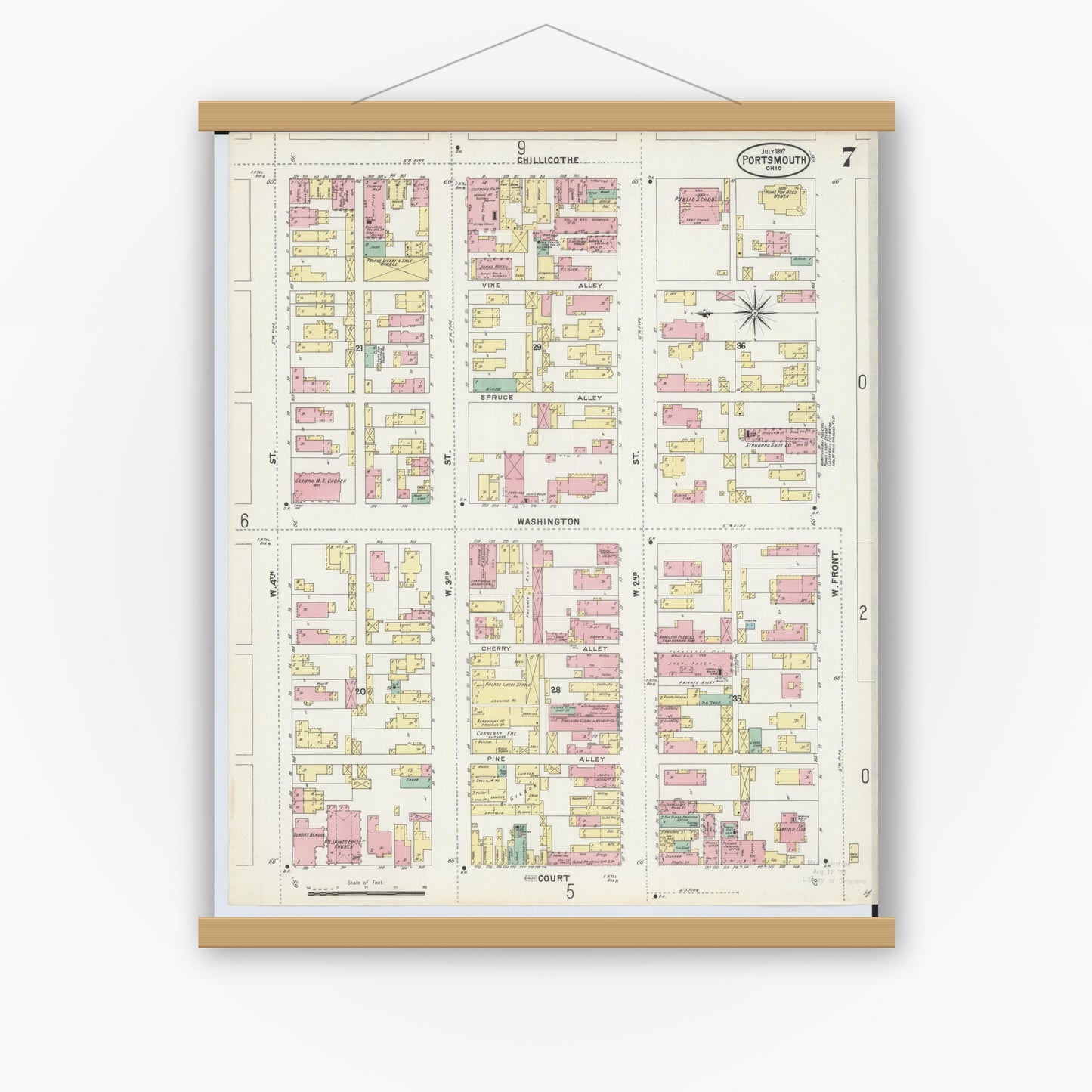Old map wall art mockup — magnetic wood frame on white wall — Sanborn Fire Insurance Map from Portsmouth, Scioto County, Ohio (1897), Sheet #0007