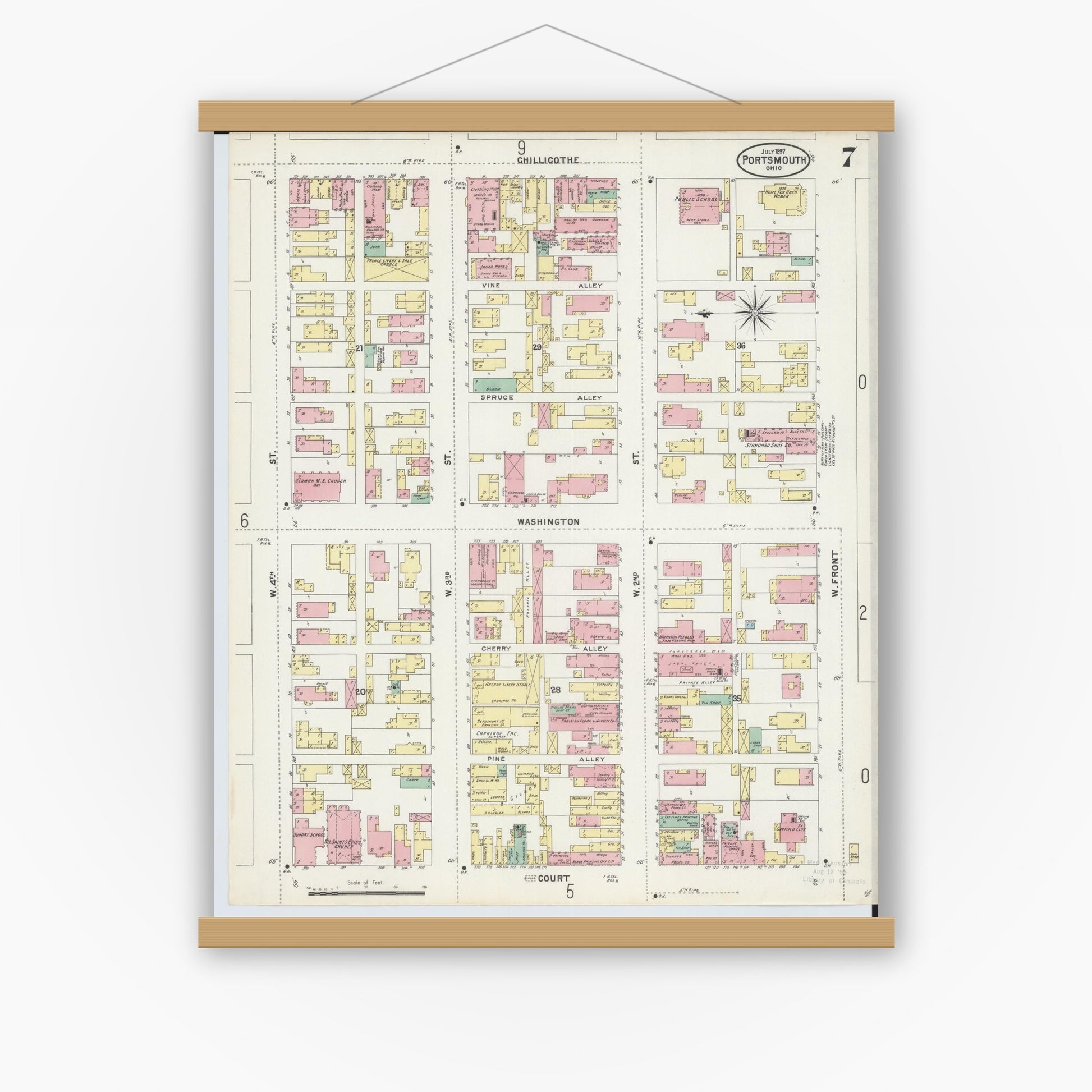 Old map wall art mockup — magnetic wood frame on white wall — Sanborn Fire Insurance Map from Portsmouth, Scioto County, Ohio (1897), Sheet #0007