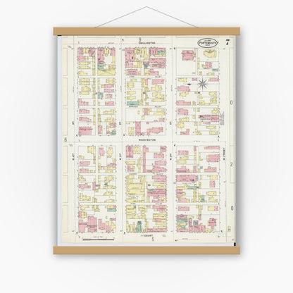 Old map wall art mockup — magnetic wood frame on white wall — Sanborn Fire Insurance Map from Portsmouth, Scioto County, Ohio (1897), Sheet #0007
