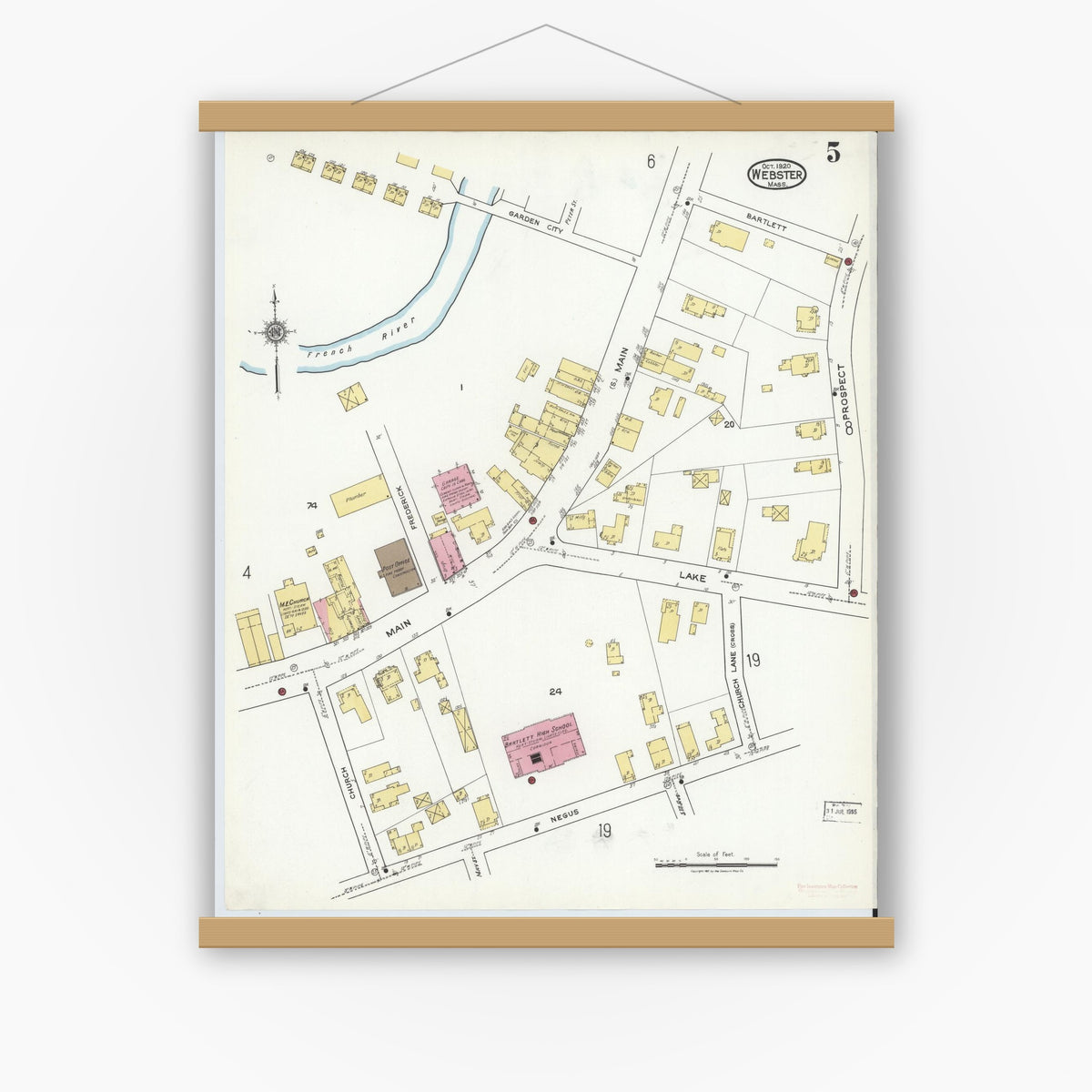 Old map wall art mockup — magnetic wood frame on white wall — Sanborn Fire Insurance Map from Webster, Worcester County, Massachusetts (1920), Sheet #0005