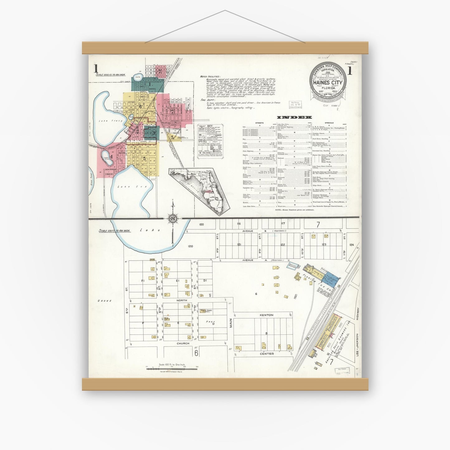 Old map wall art mockup — magnetic wood frame on white wall — Sanborn Fire Insurance Map from Haines City, Polk County, Florida (1923) - Complete Map Set