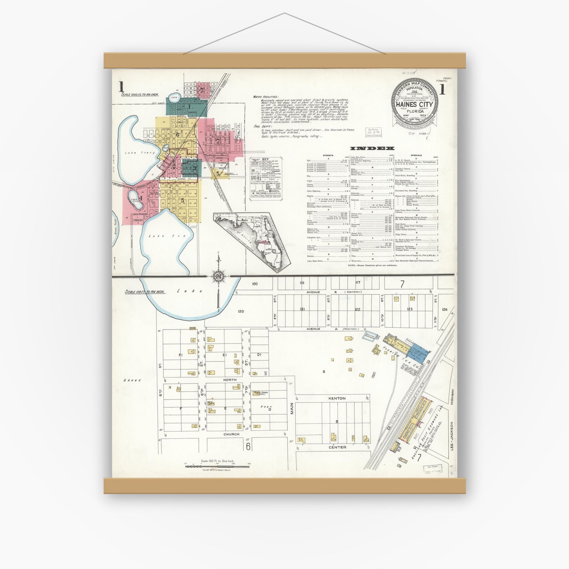Old map wall art mockup — magnetic wood frame on white wall — Sanborn Fire Insurance Map from Haines City, Polk County, Florida (1923) - Complete Map Set