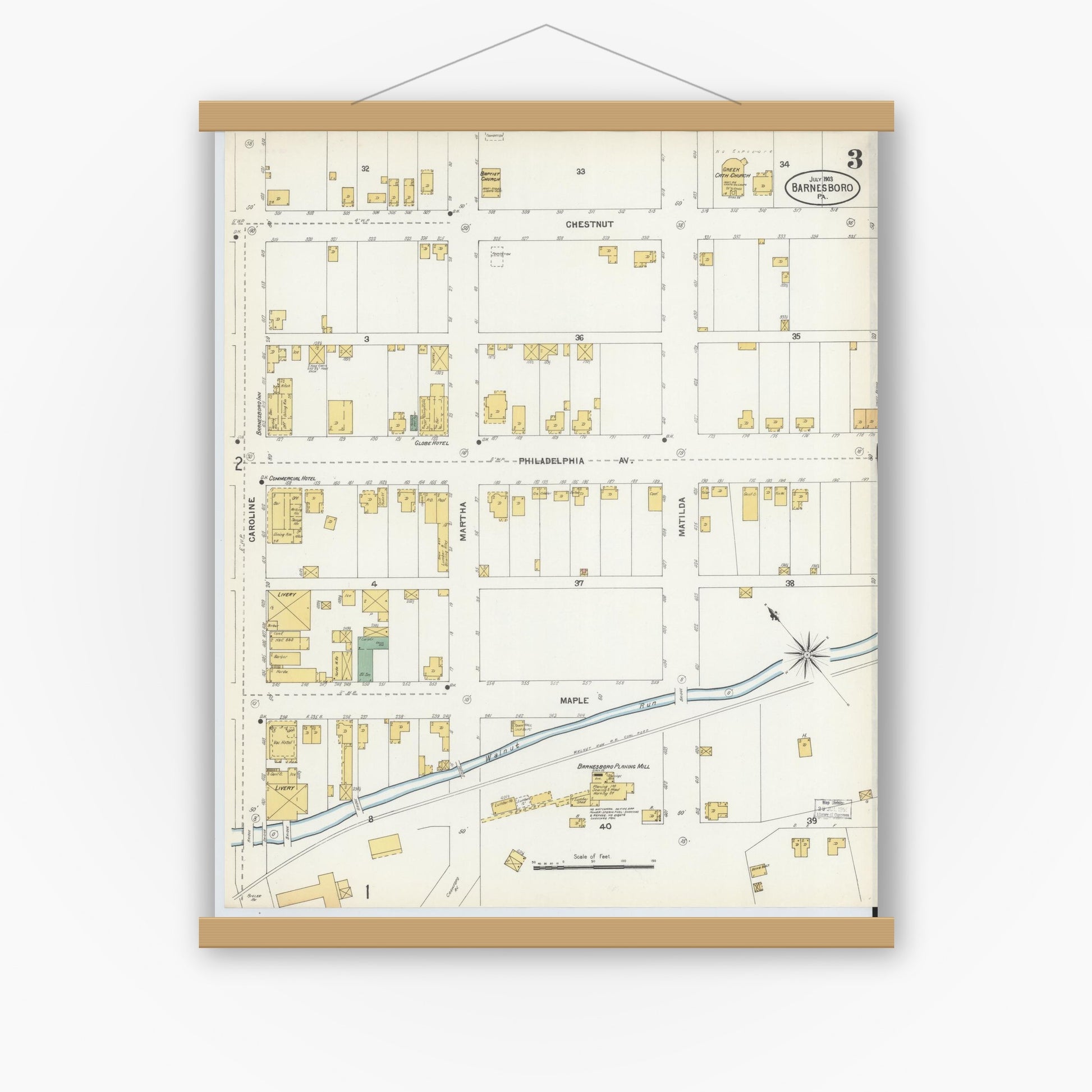 Old map wall art mockup — magnetic wood frame on white wall — Sanborn Fire Insurance Map from Barnesboro, Cambria County, Pennsylvania (1903), Sheet #0003